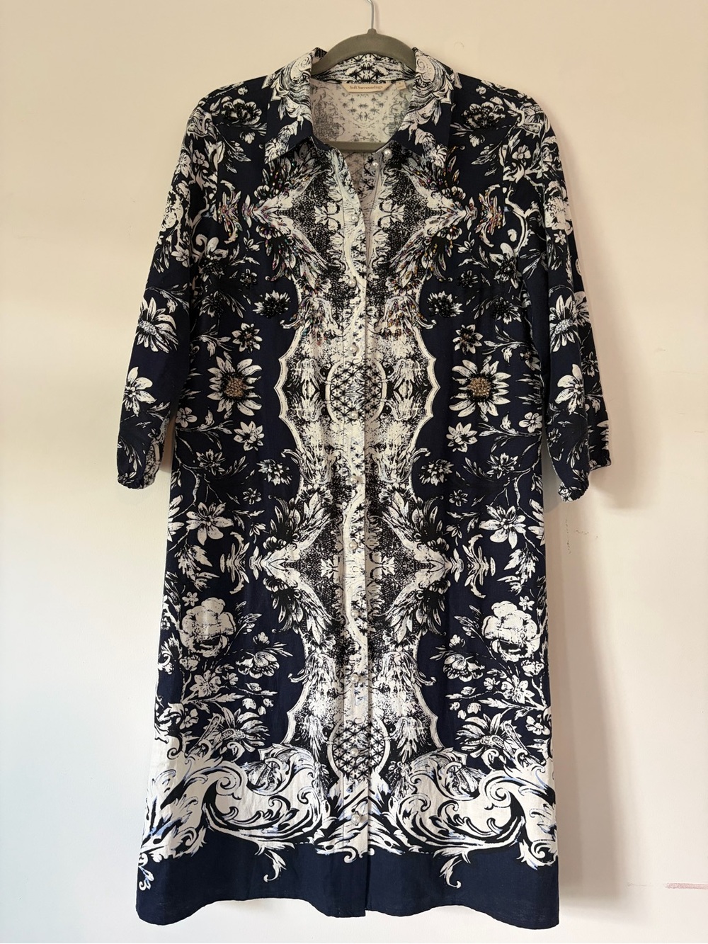 Soft Surroundings Navy Linen blend beaded boho dress button down old money artsy
